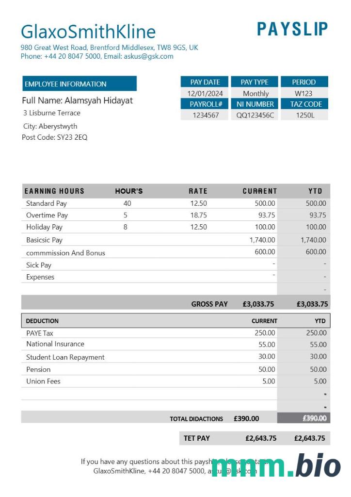 Szablon payslip firmy farmaceutycznej GlaxoSmithKline w formatach Word i PDF